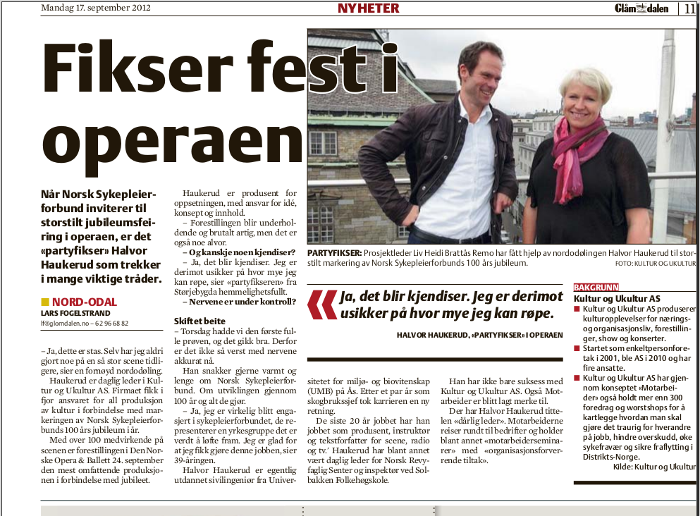Presseklipp: "Fikser fest i operaen" - Faksimile fra Glåmdalen 17.september 2012